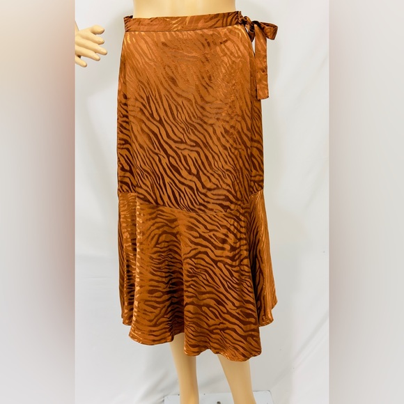 Maeve by Anthropologie Satiny Bronze Zebra Print Faux Wrap Skirt Size 2 - Picture 2 of 7